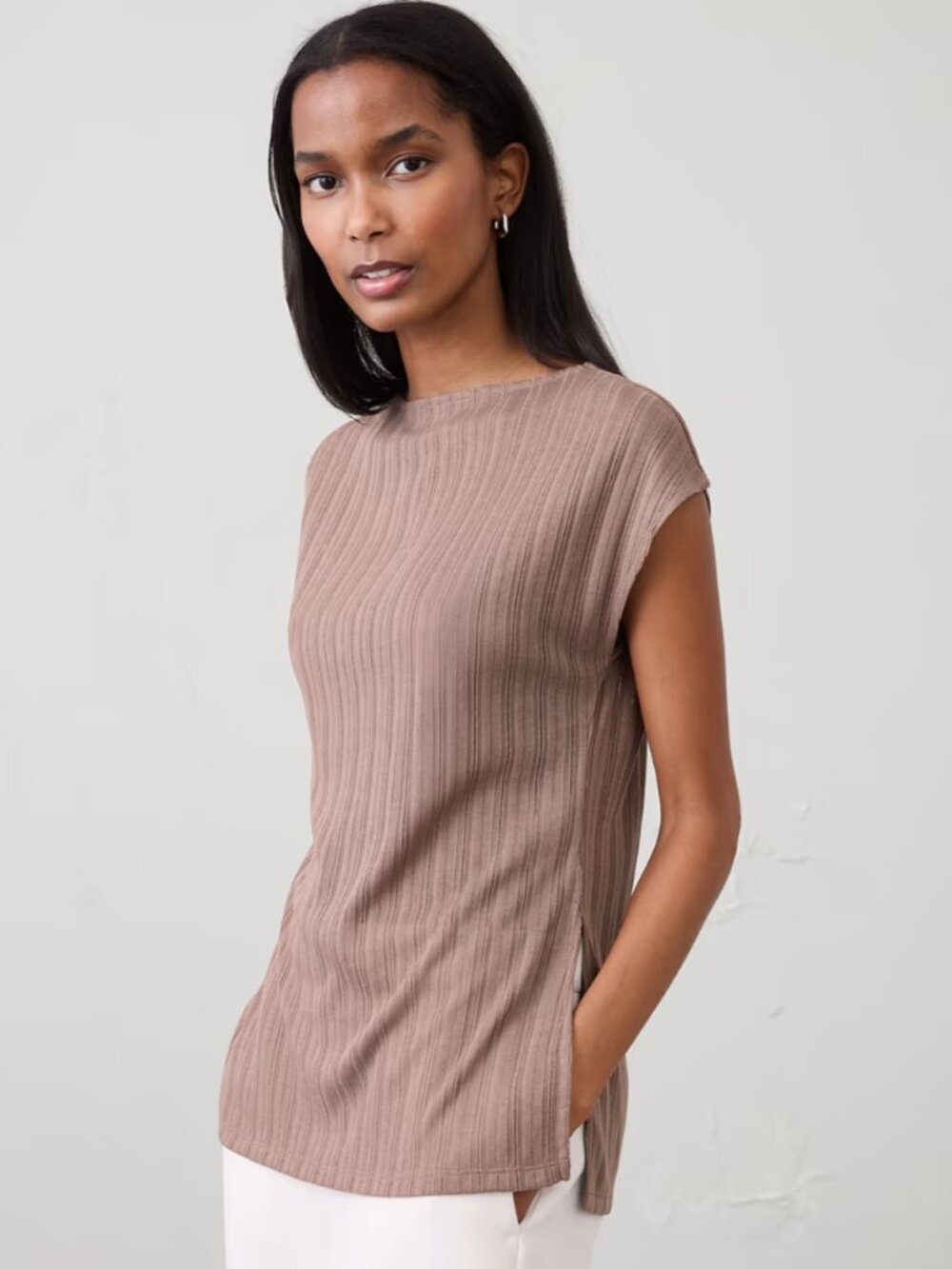 Banana Republic - Sheer Ribbed Straight Neck Top - Small, Brown (NWT)